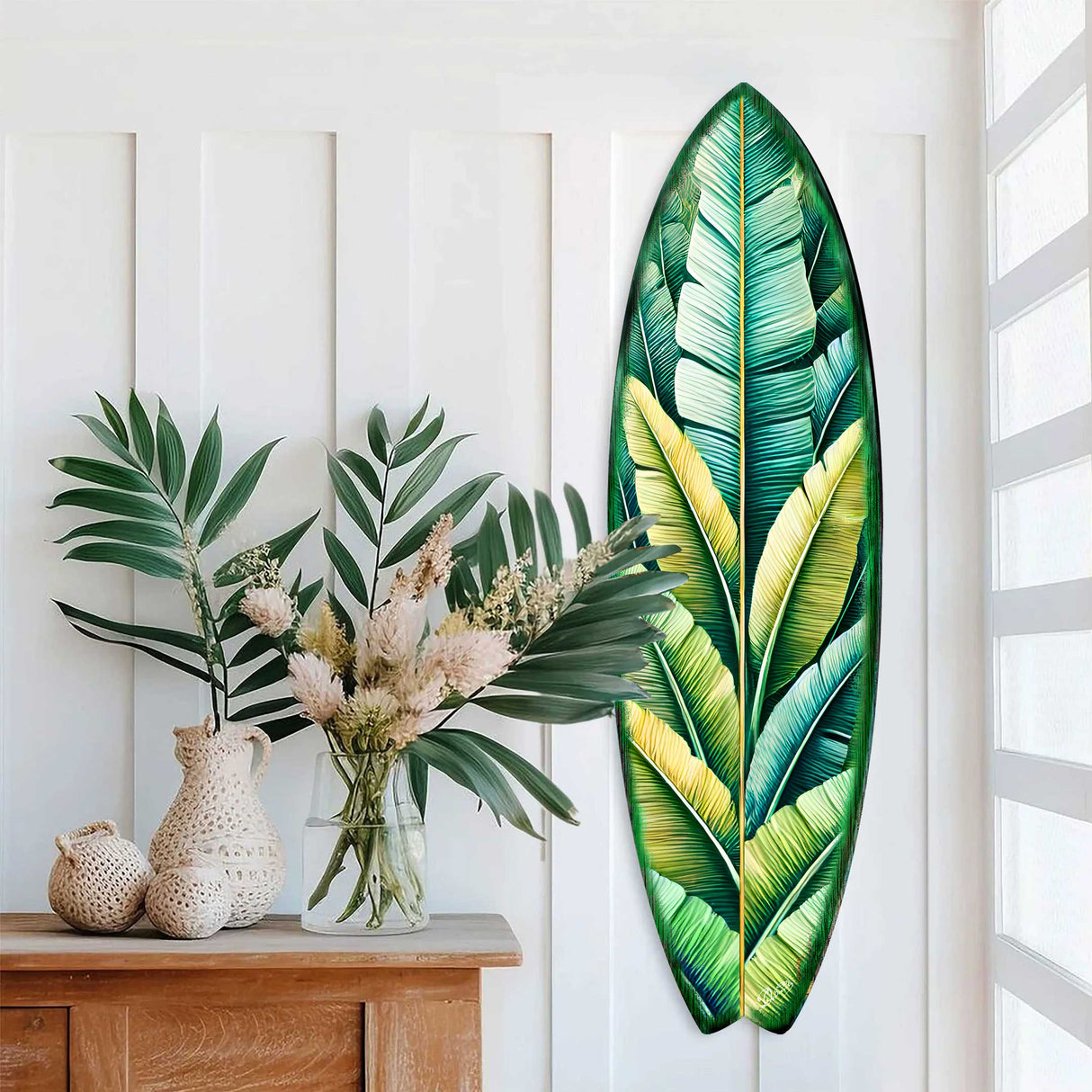 Banana Leaf Surfboard Wall Art – Handcrafted Tropical Coastal Decor by G.DeBrekht – Indoor Outdoor Beach House Accent – 8490151HS