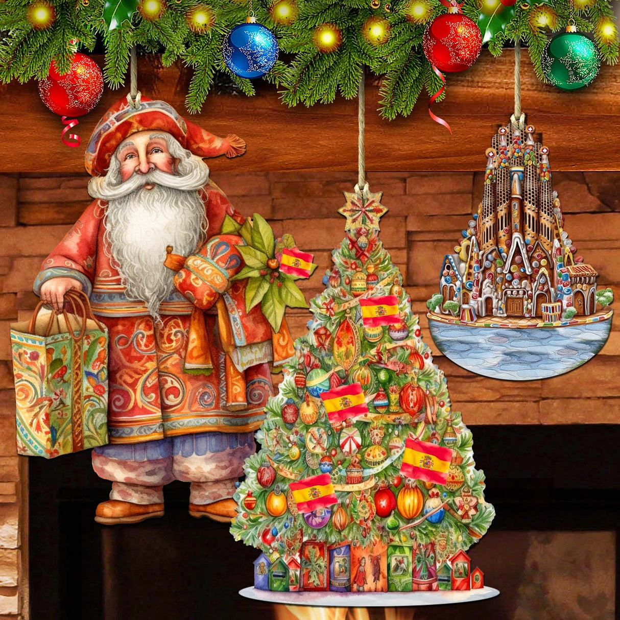 Papá Noel de todo el mundo - Papá Noel de inspiración española - Juego de 3 adornos de madera de G. DeBrekht - Decoración navideña de Papá Noel y muñeco de nieve - 8091305S3