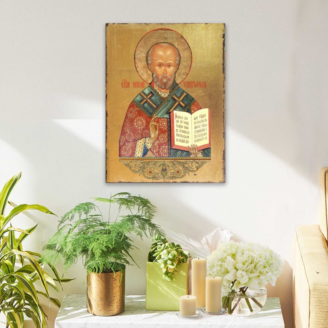 Icono sagrado ortodoxo religioso de madera de San Nicolás bañado en oro - Decoración inspiradora - 85021