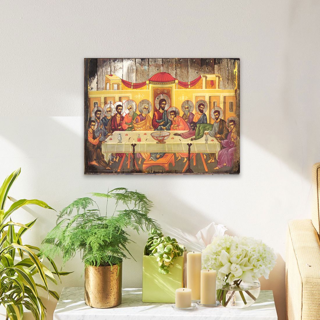 Icono religioso cristiano sagrado de madera bañado en oro de La Última Cena - Decoración inspiradora - 85070