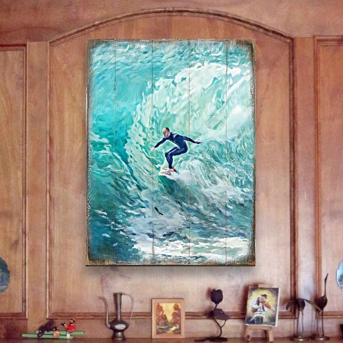 Arte de pared costero de madera Sophronia Surfer de Nature Wonders - Decoración costera con vida marina - 95227B