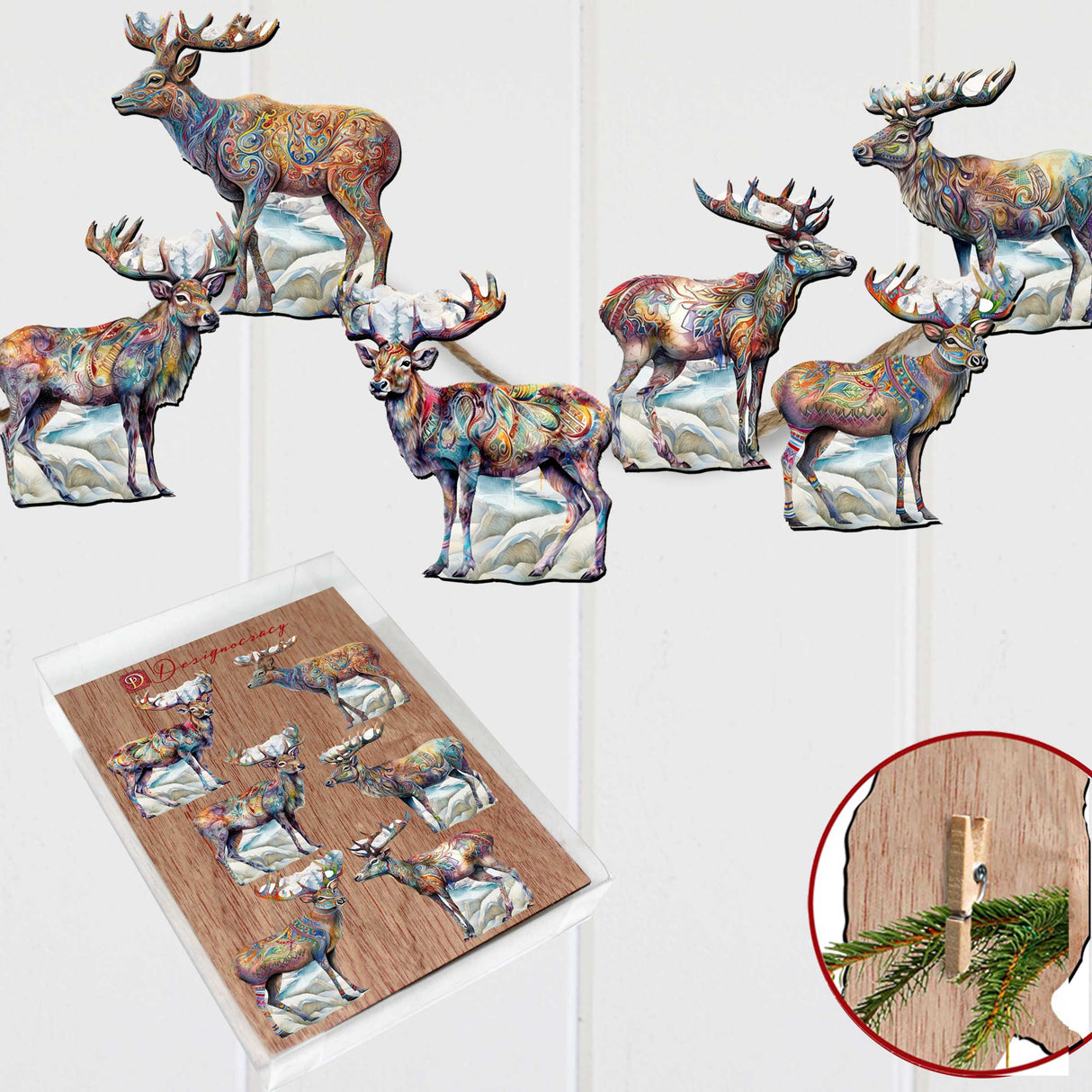 Iconic Caribou of Alaska Decorative Wooden Clip-on Ornaments Set of 6 by G. Debrekht - Wildlife Decor - 8090111C-S6