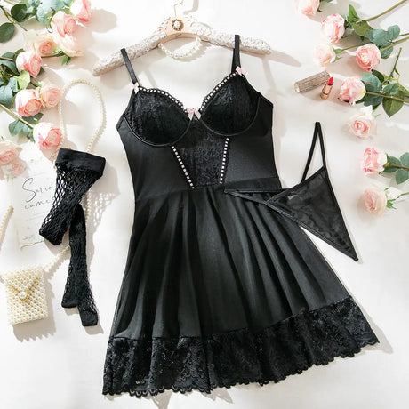 Sexy Lingerie Nightdress Lace Stitching Lace Body Shaping Sexy Lingerie Three-piece Set - Lootquake