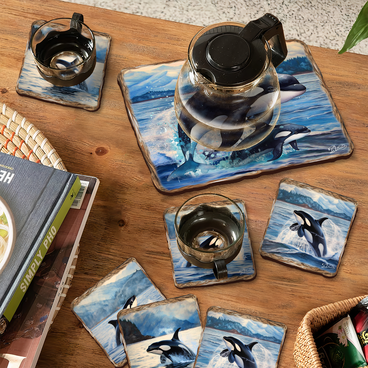 Playful Orcas Wooden Cork Placemat and Coasters Gift Set of 7 by Nature Wonders Coastal Nature Wildlife Décor  - 85412C-S7