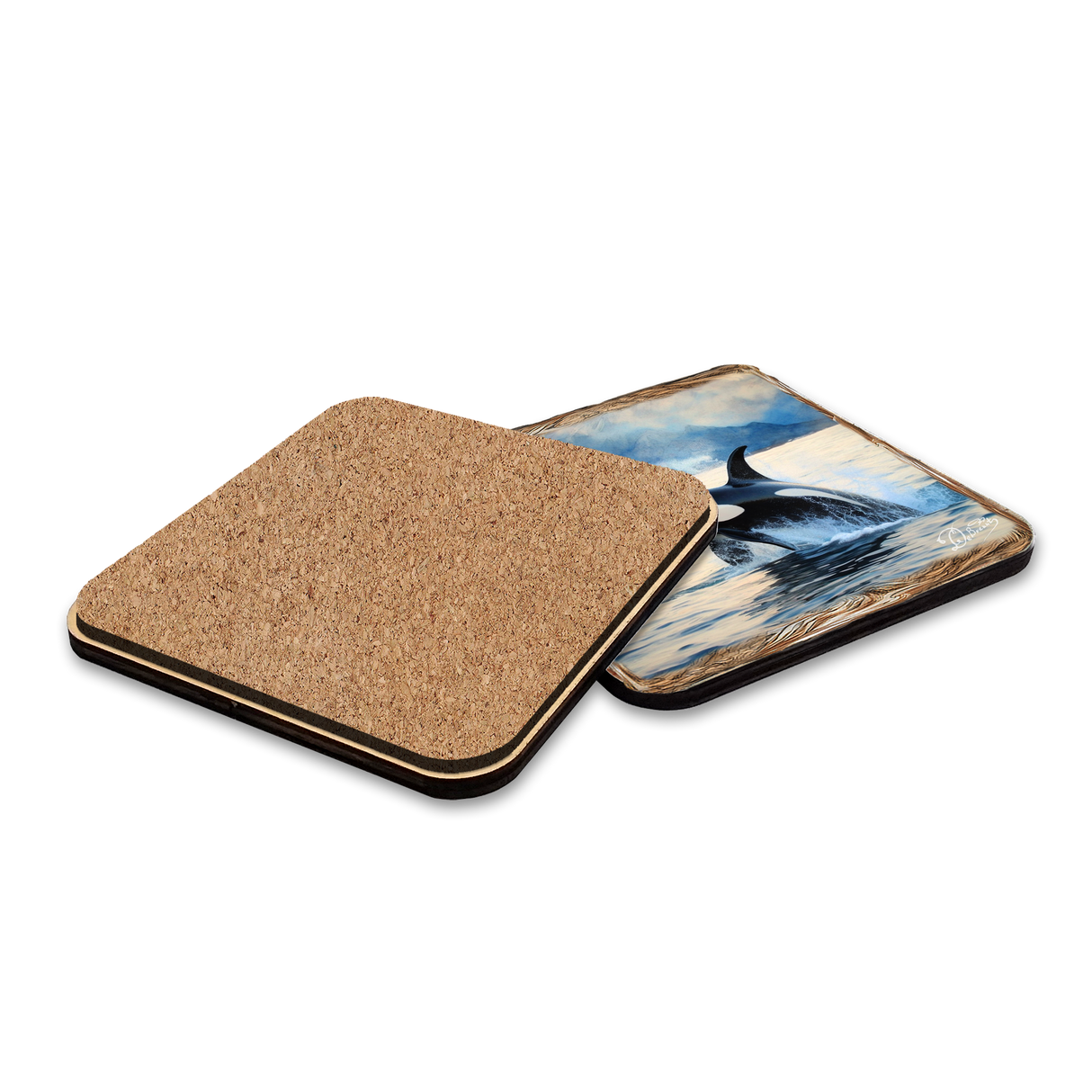 Playful Orcas Wooden Cork Placemat and Coasters Gift Set of 7 by Nature Wonders Coastal Nature Wildlife Décor  - 85412C-S7