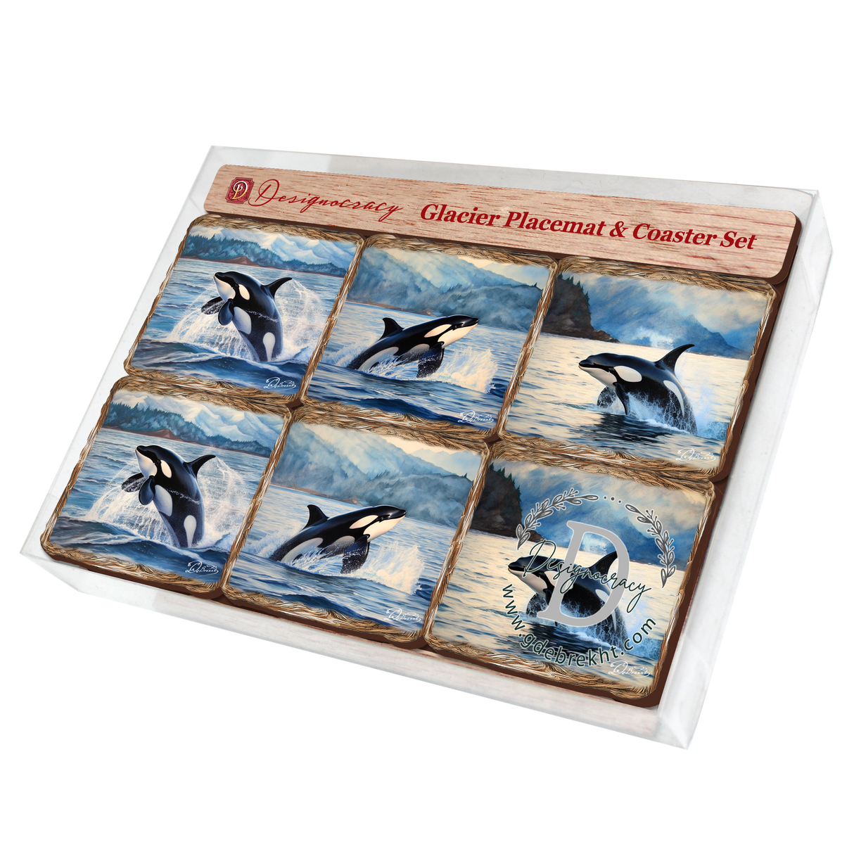 Playful Orcas Wooden Cork Placemat and Coasters Gift Set of 7 by Nature Wonders Coastal Nature Wildlife Décor  - 85412C-S7