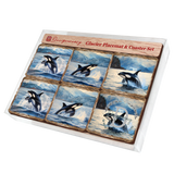 Playful Orcas Wooden Cork Placemat and Coasters Gift Set of 7 by Nature Wonders Coastal Nature Wildlife Décor  - 85412C-S7