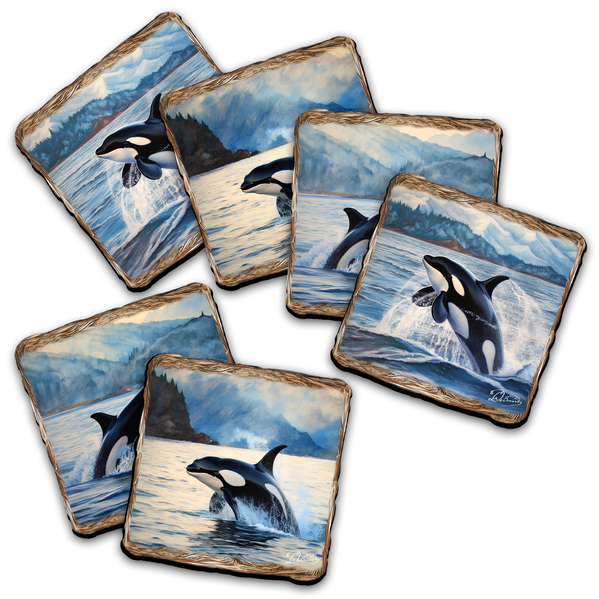 Playful Orcas Wooden Cork Placemat and Coasters Gift Set of 7 by Nature Wonders Coastal Nature Wildlife Décor  - 85412C-S7