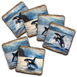Playful Orcas Wooden Cork Placemat and Coasters Gift Set of 7 by Nature Wonders Coastal Nature Wildlife Décor  - 85412C-S7