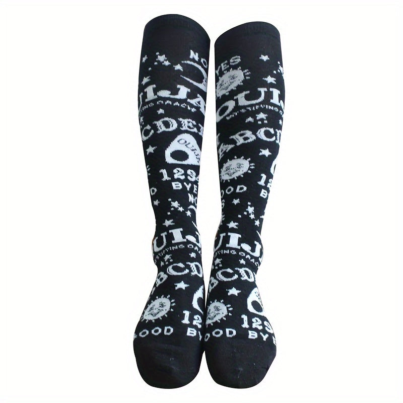 Calcetines hasta la rodilla con estampado de letras y sol de dibujos animados, cómodos y combinables, medias y calcetería para mujer