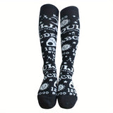 Calcetines hasta la rodilla con estampado de letras y sol de dibujos animados, cómodos y combinables, medias y calcetería para mujer