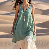 Fashion Sleeveless Cotton Linen Solid Color And V-neck Beach Dress