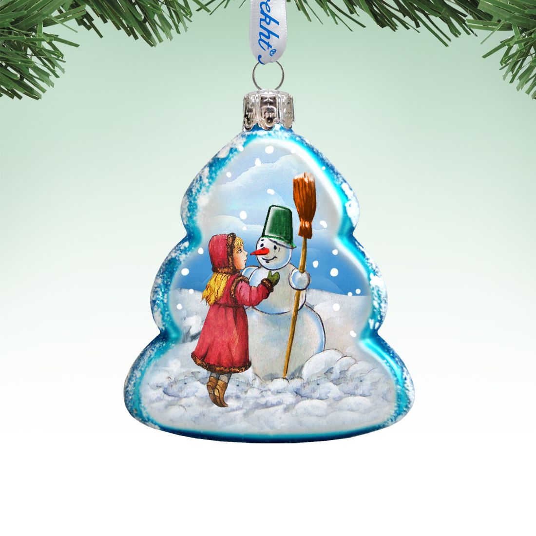 Adorno de vidrio de mercurio con forma de muñeco de nieve jugando de G. DeBrekht - Decoración navideña con muñeco de nieve de Papá Noel - 777386