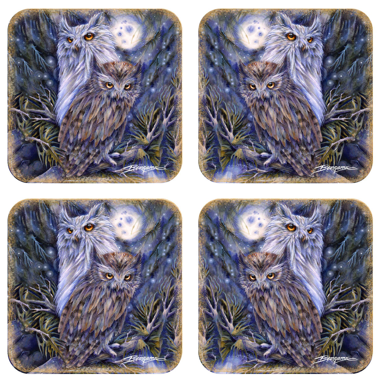 Night Watch Owls Wooden Cork Coasters Gift Set of 4 by J. Bergsma - Wildlife Decor  - 8199465C-S4