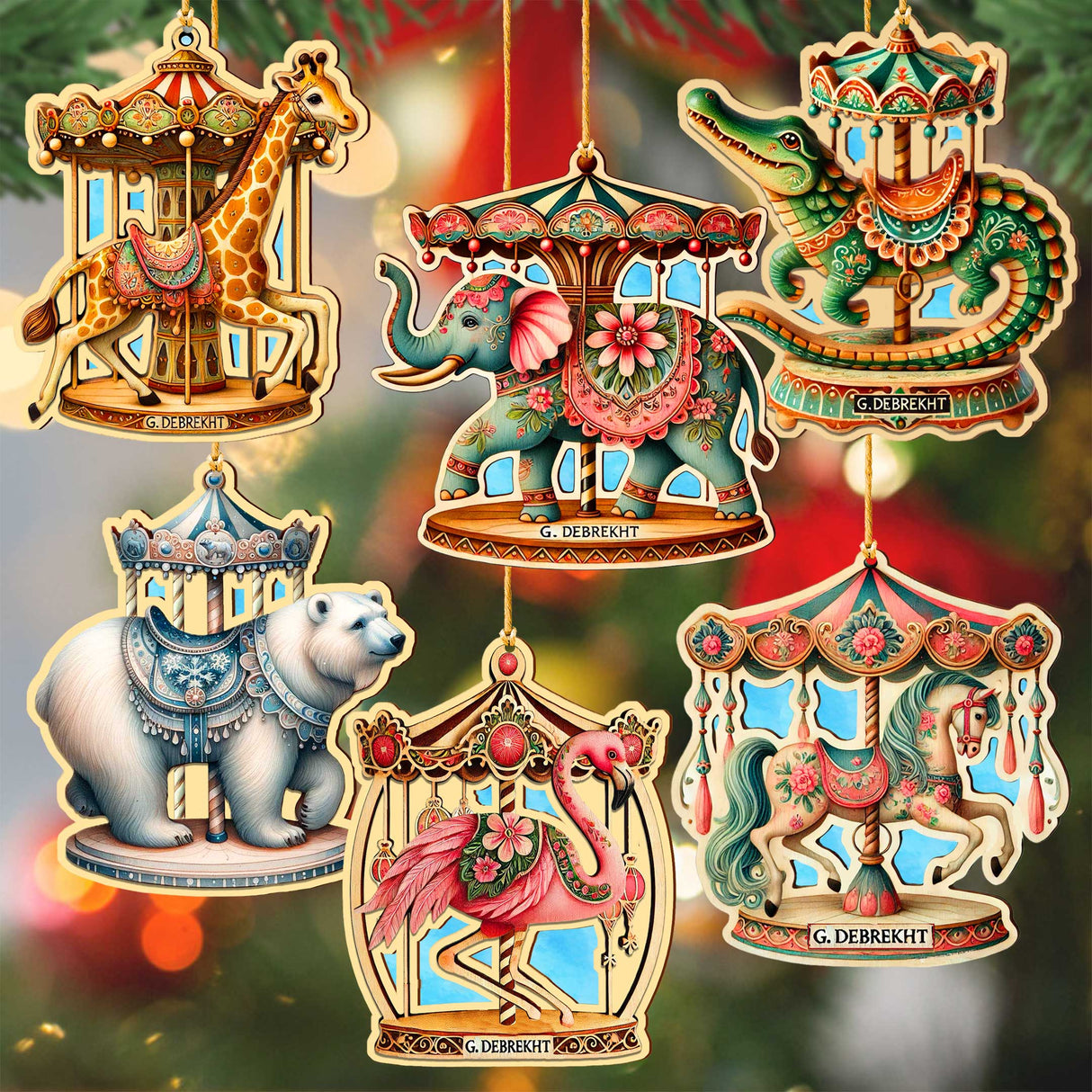 Juego de 12 adornos navideños de animales de carrusel de G. DeBrekht - Decoración navideña - 8610104-S12