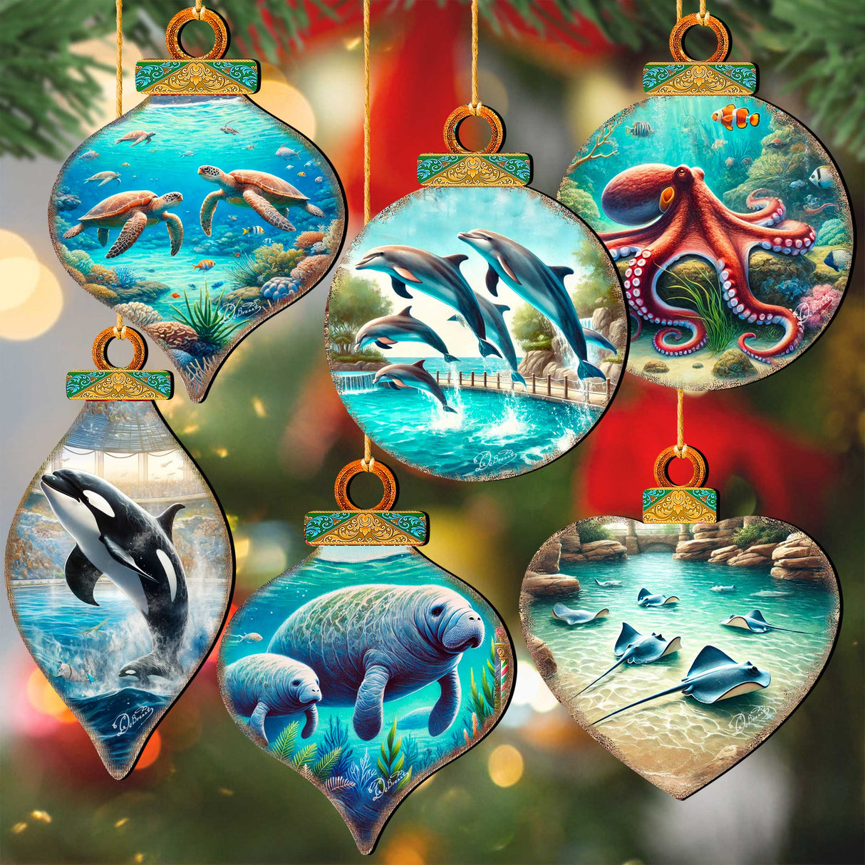 Ocean & Marine Life Wooden Christmas Ornaments Set of 12 – Handcrafted Coastal Décor by G.DeBrekht - 8610105-S12