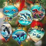 Ocean & Marine Life Wooden Christmas Ornaments Set of 12 – Handcrafted Coastal Décor by G.DeBrekht - 8610105-S12