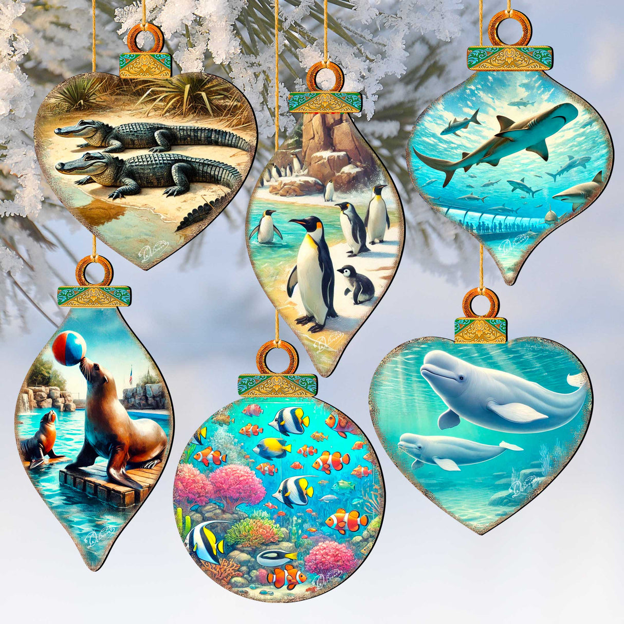 Ocean & Marine Life Wooden Christmas Ornaments Set of 12 – Handcrafted Coastal Décor by G.DeBrekht - 8610105-S12