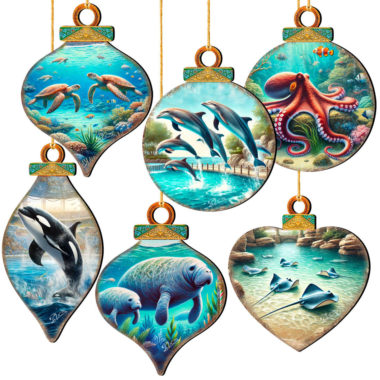 Ocean & Marine Life Wooden Christmas Ornaments Set of 12 – Handcrafted Coastal Décor by G.DeBrekht - 8610105-S12
