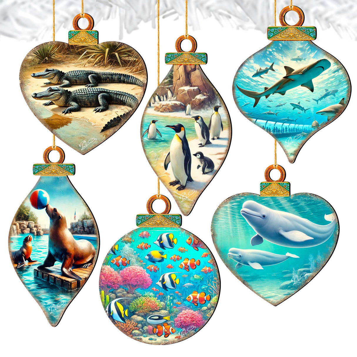 Ocean & Marine Life Wooden Christmas Ornaments Set of 12 – Handcrafted Coastal Décor by G.DeBrekht - 8610105-S12