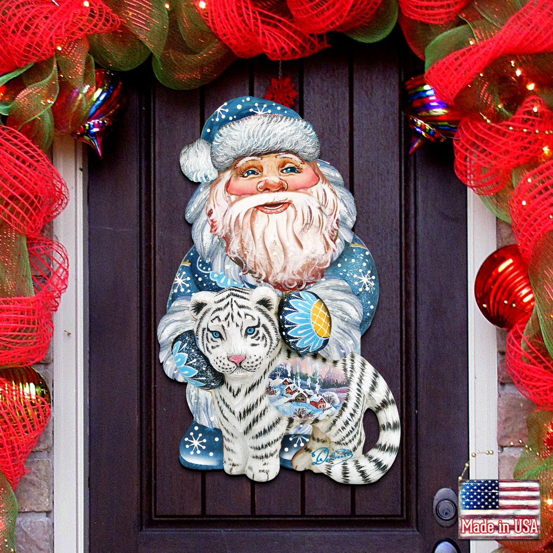 White Tiger Santa Christmas Door Decor by G. DeBrekht - Christmas Santa Snowman Decor - 8118091H
