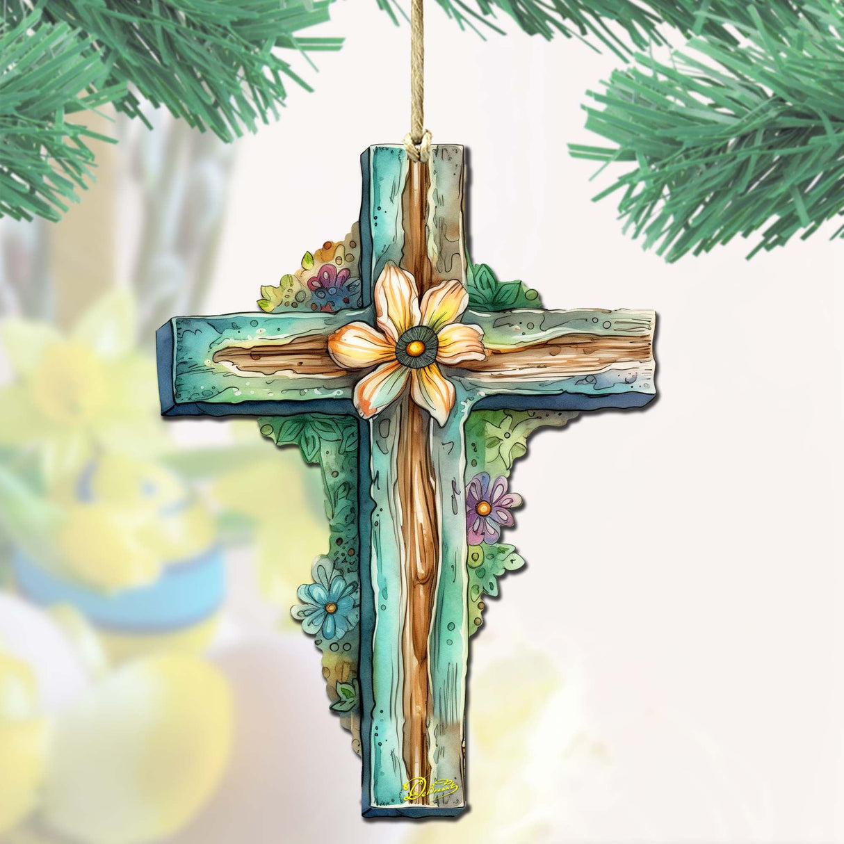 Adornos de madera con forma de cruz de Pascua en color verde azulado de G. DeBrekht - Decoración de primavera para Pascua - 8688164