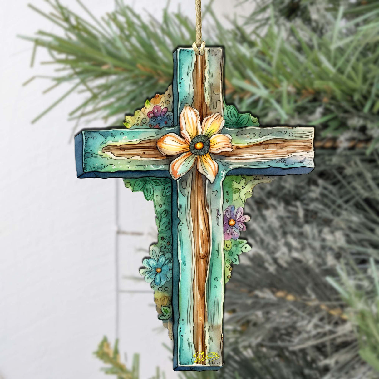 Adornos de madera con forma de cruz de Pascua en color verde azulado de G. DeBrekht - Decoración de primavera para Pascua - 8688164
