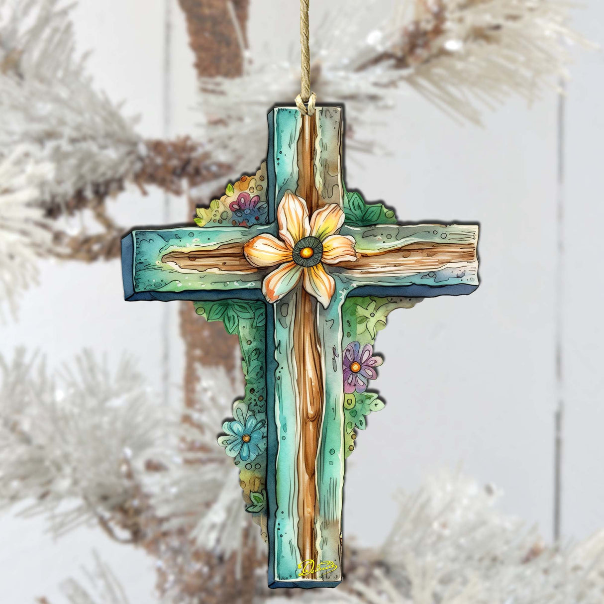 Adornos de madera con forma de cruz de Pascua en color verde azulado de G. DeBrekht - Decoración de primavera para Pascua - 8688164