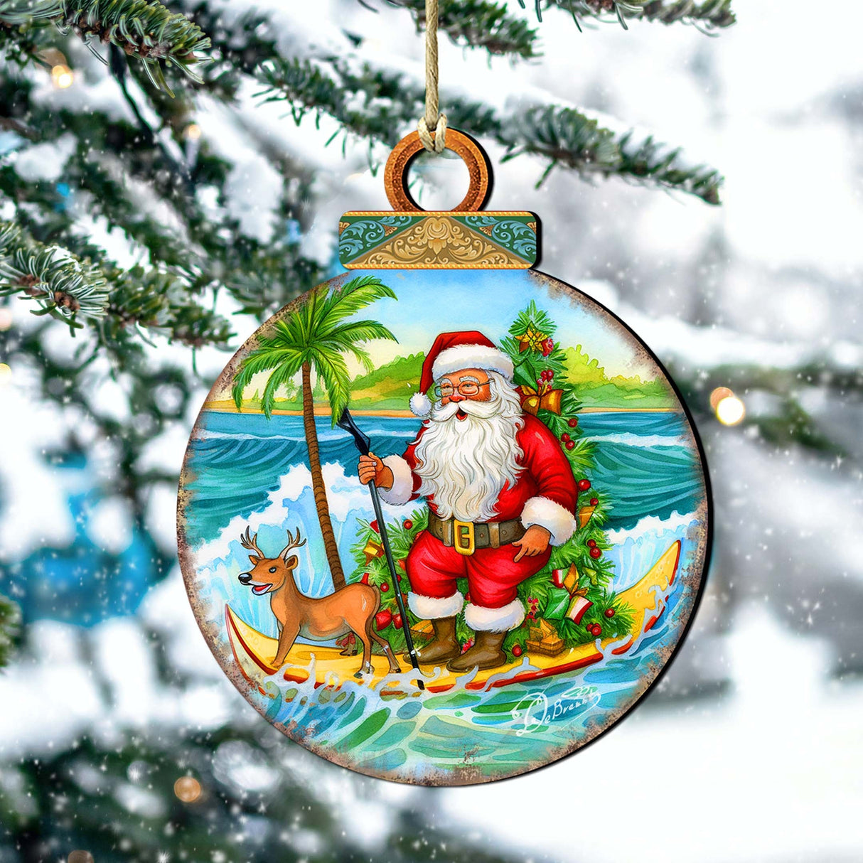 Nautical Christmas Décor - Santa on the Surfboard Wooden Ornaments by G. Debrekht Coastal Holiday Décor - 8688185