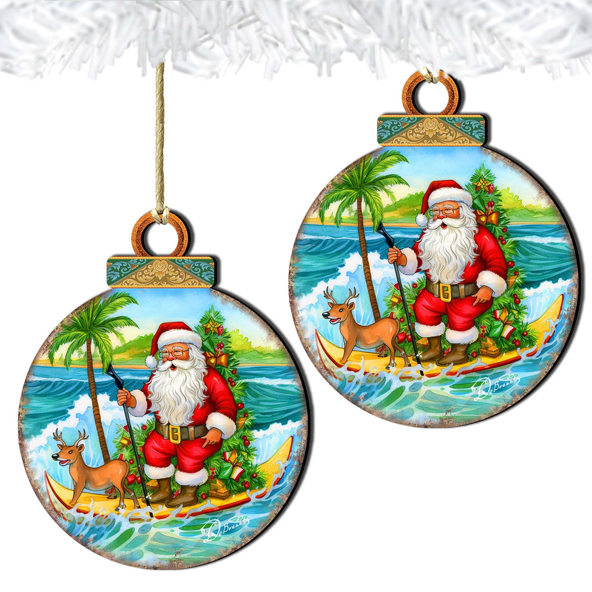 Nautical Christmas Décor - Santa on the Surfboard Wooden Ornaments by G. Debrekht Coastal Holiday Décor - 8688185