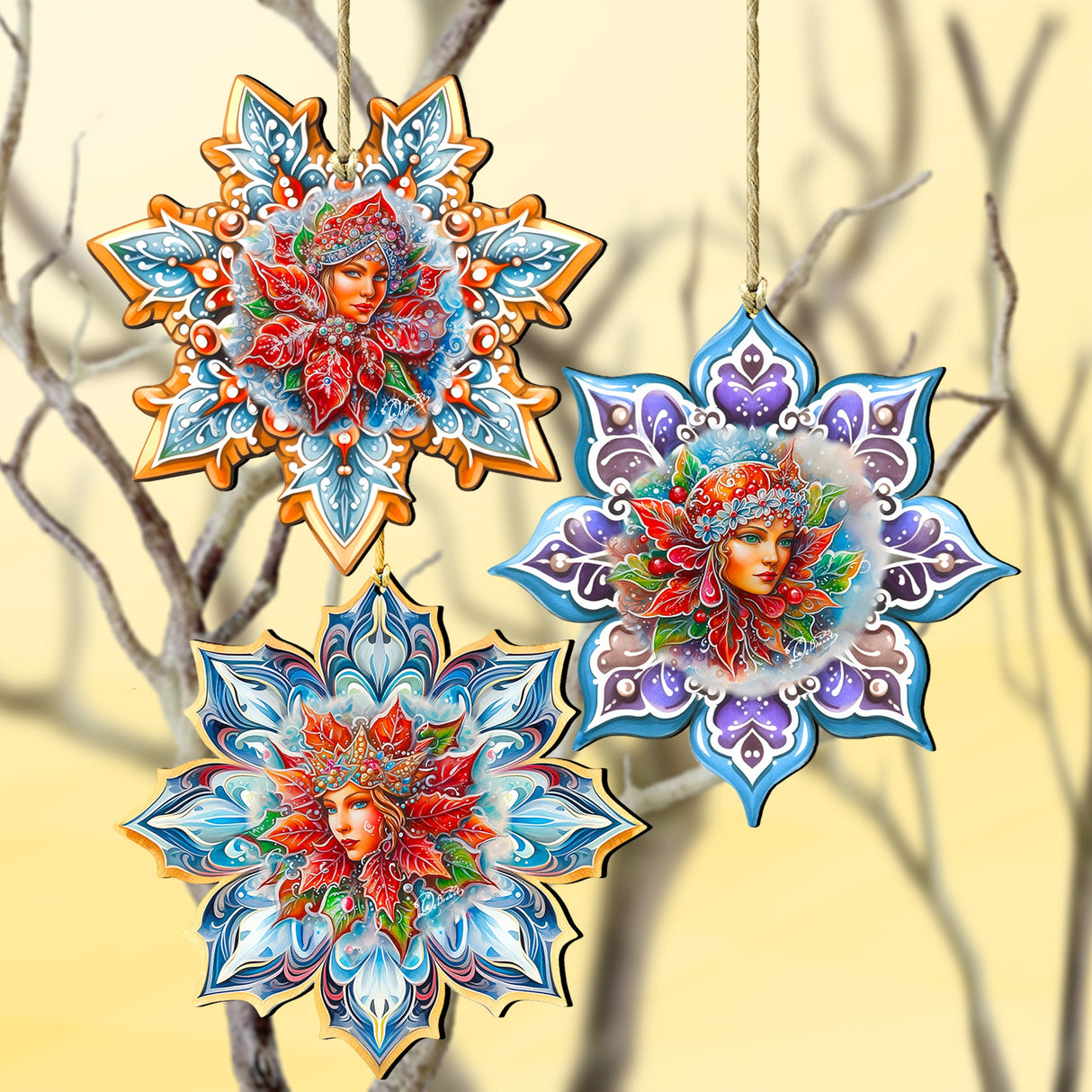 Snow Queen Snowflake Wooden Ornaments set of 3 by G. Debrekht - Christmas Décor - 8090141-S3