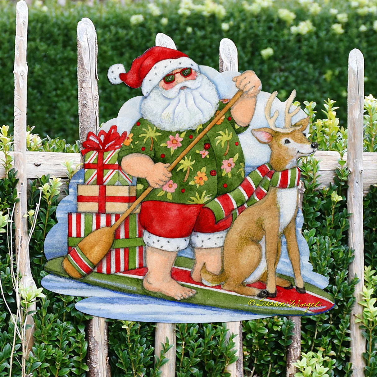 Christmas Decoration Door Hanging Paddleboarding Santa - Santa Door Hanger by Susan Winget Handmade Gift - 8471114H-SW