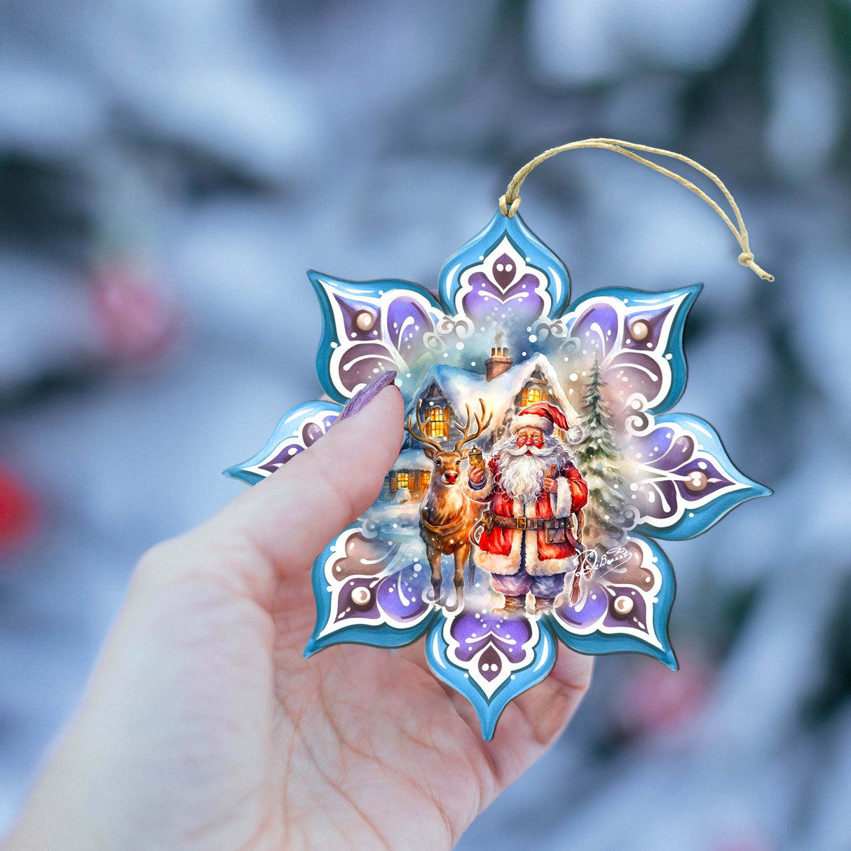 Santa with Reindeer Snowflake Wooden Ornaments by G. Debrekht - Christmas Santa Snowman Decor - 8688405