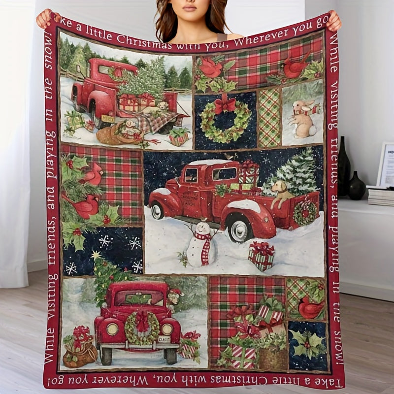 1pc Cozy Christmas Car Print Flannel Blanket - Ultra-Soft, Warm, and Lightweight Throw Blanket for Couch, Sofa, Office, Bed, Camping, and Travel - Multi-Purpose, All-Season Gift Blanket for Family and Friends with Versatile U