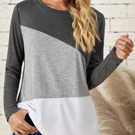 Ladies' Fashionable Casual Patchwork Color Long Sleeved T-shirt Top - Lootquake