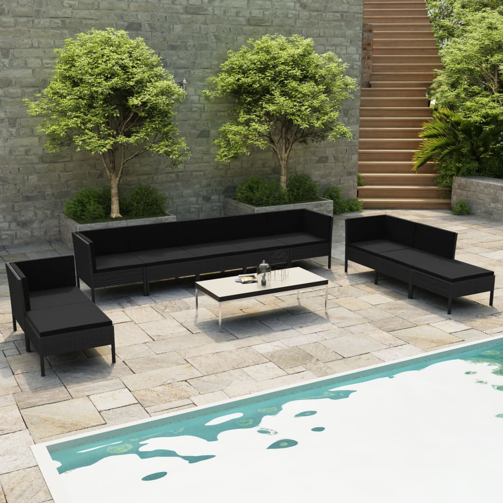vidaXL 10 Piece Patio Lounge Set with Cushions Poly Rattan Black