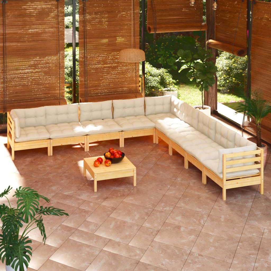 vidaXL 10 Piece Patio Lounge Set with Cushions Black Solid Pinewood