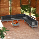 vidaXL 10 Piece Patio Lounge Set with Cushions Black Solid Pinewood