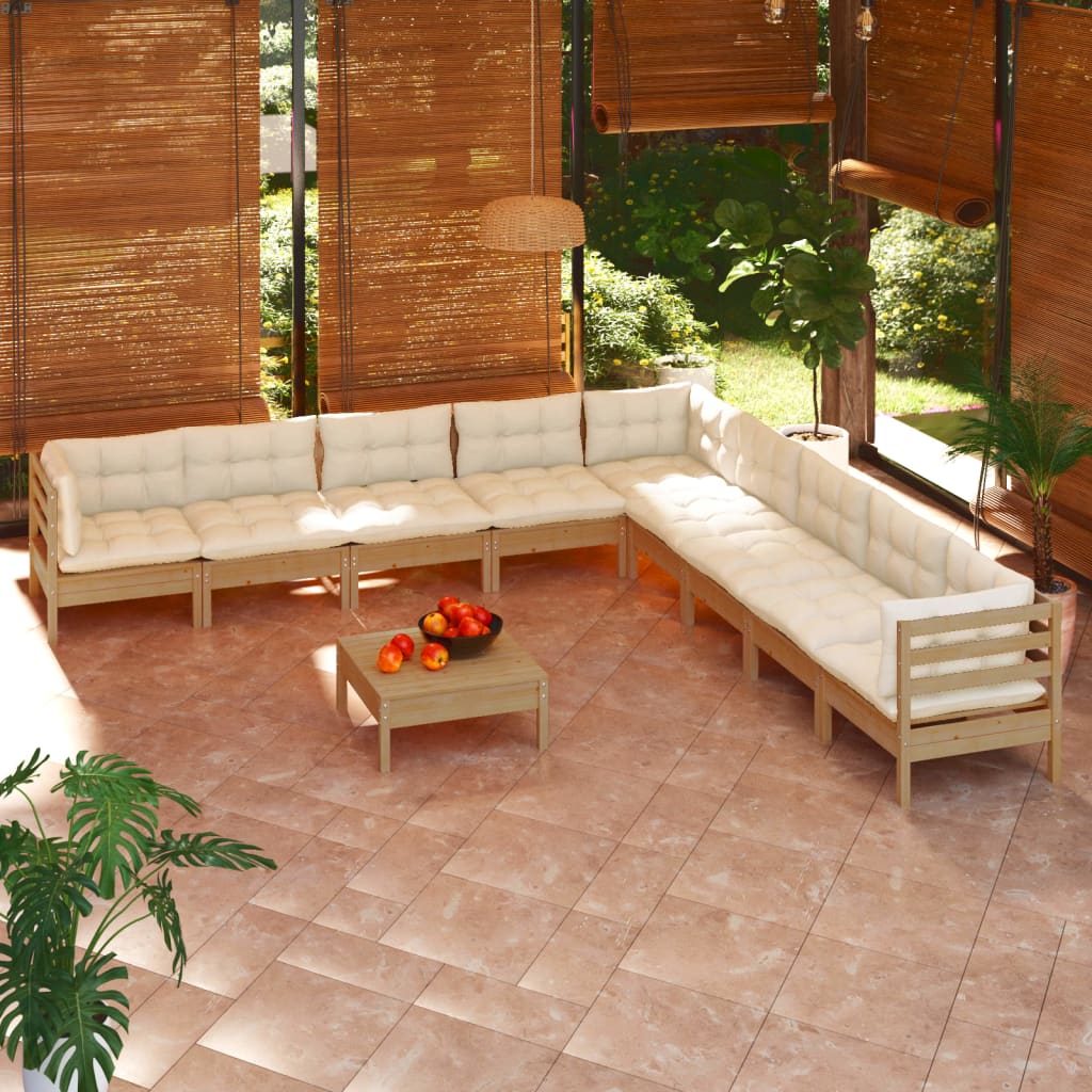 vidaXL 10 Piece Patio Lounge Set with Cushions Black Solid Pinewood