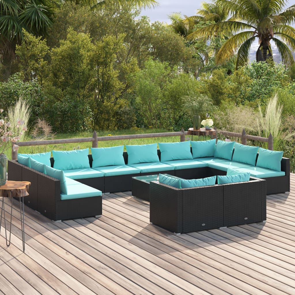 vidaXL 13 Piece Patio Lounge Set with Cushions Black Poly Rattan