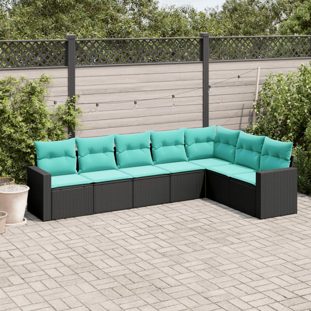 vidaXL 7 Piece Patio Sofa Set with Cushions Black Poly Rattan