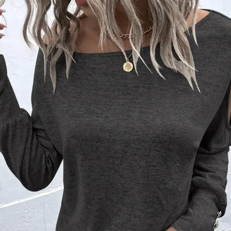 Women's Fashion New Off Shoulder Button Long Sleeved Casual Top T-shirt - Lootquake