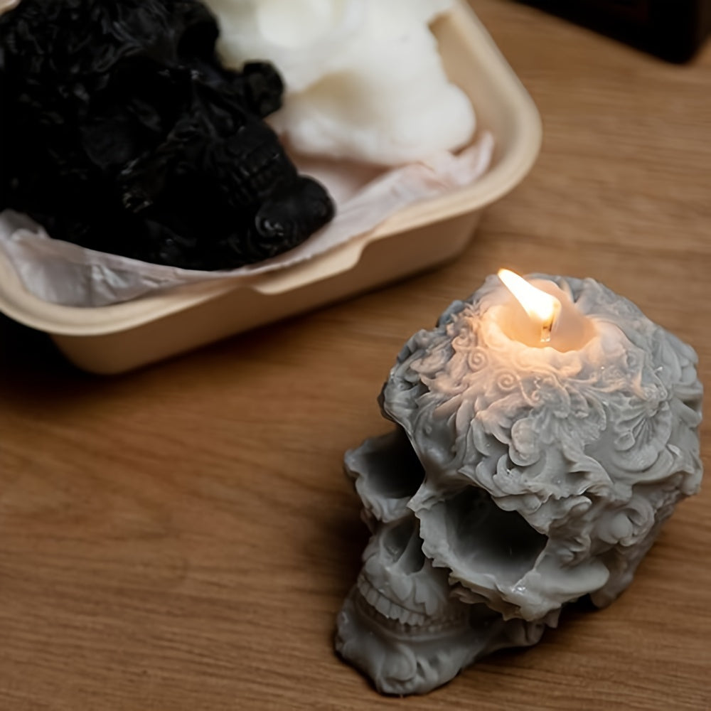 Bougie d'aromathérapie Crâne d'Halloween - Bougie parfumée à la cire de soja à mèche unique dans un pot, de forme ovale avec embellissements pailletés pour une décoration d'ambiance festive