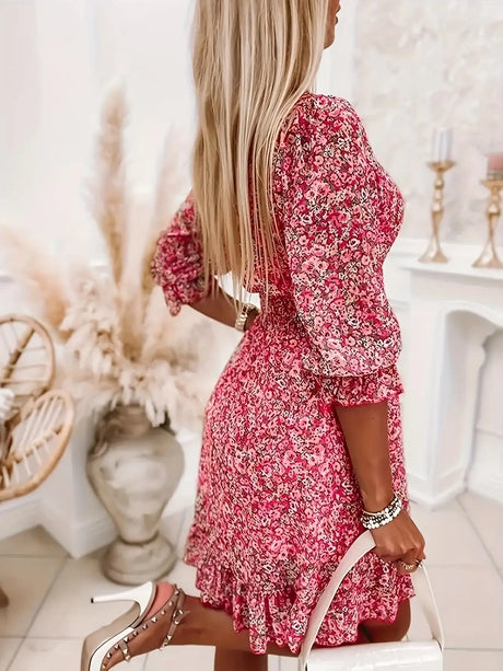 V-neck Printed Dress With Ruffled Waist, Exquisite And Elegant Design-perfect For Spring And Autumn. - Lootquake