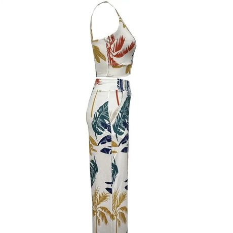 Ladies' European And American Contrasting Palm Tree Print Sleeveless Top Set Pants - Lootquake