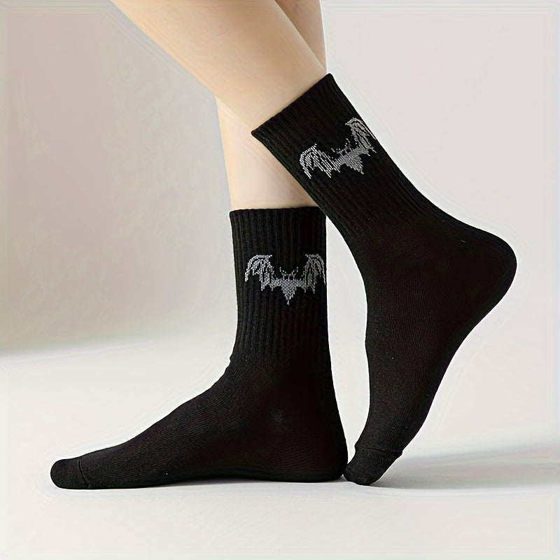 5 Pairs Bat Print Socks, Gothic & Comfy Mid Tube Socks, Women's Stockings & Hosiery