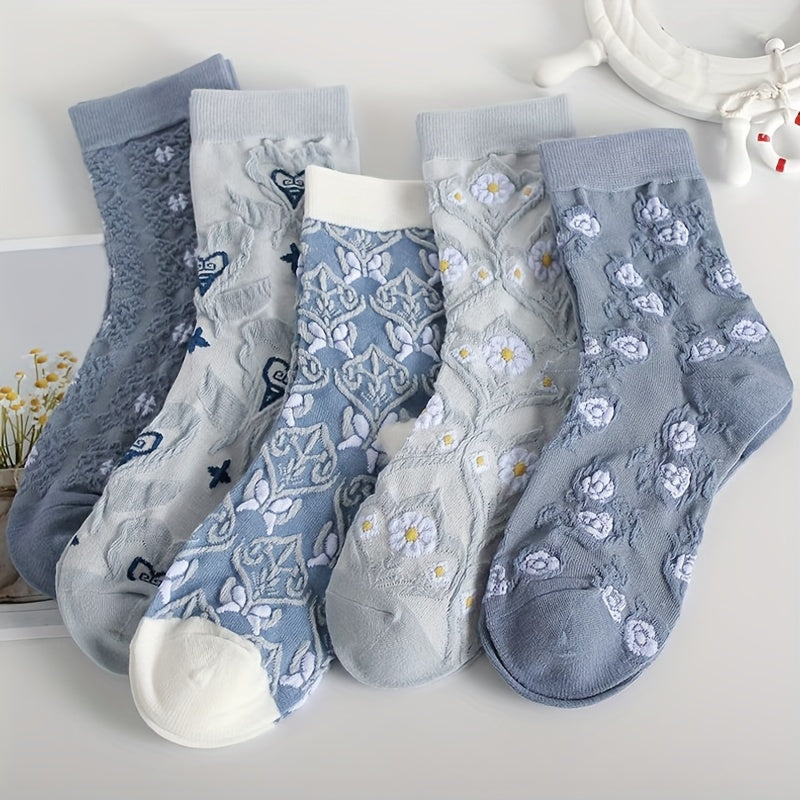 5 calcetines de punto cómodos con estampado de flores de dibujos animados, transpirables y suaves para exteriores.