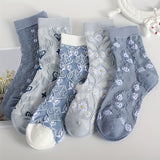 5 calcetines de punto cómodos con estampado de flores de dibujos animados, transpirables y suaves para exteriores.