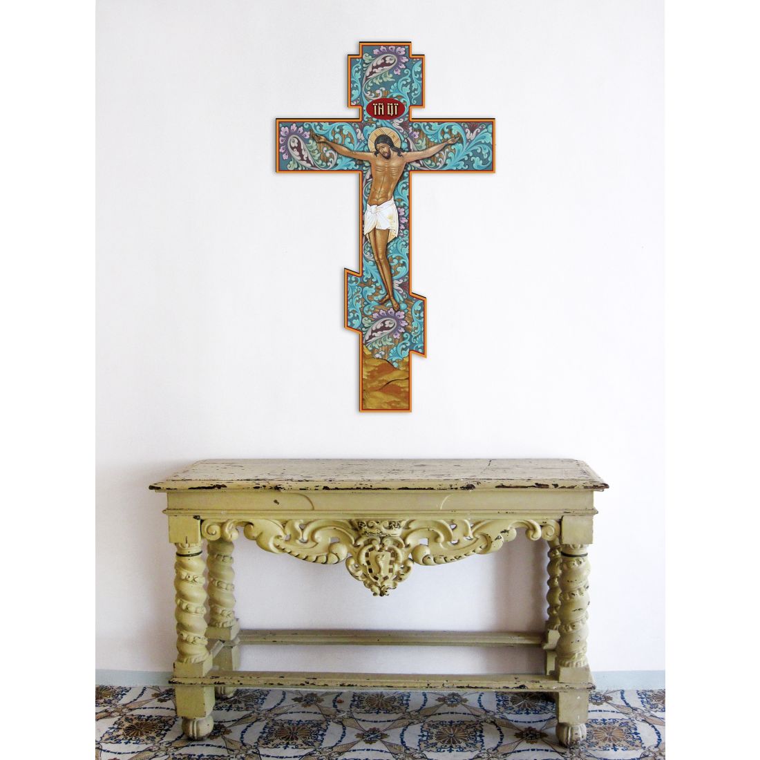 Crucifixion of Christ Faux Golden Leaf Wooden Cross Wall Art - Inspirational Icon Décor - 88158