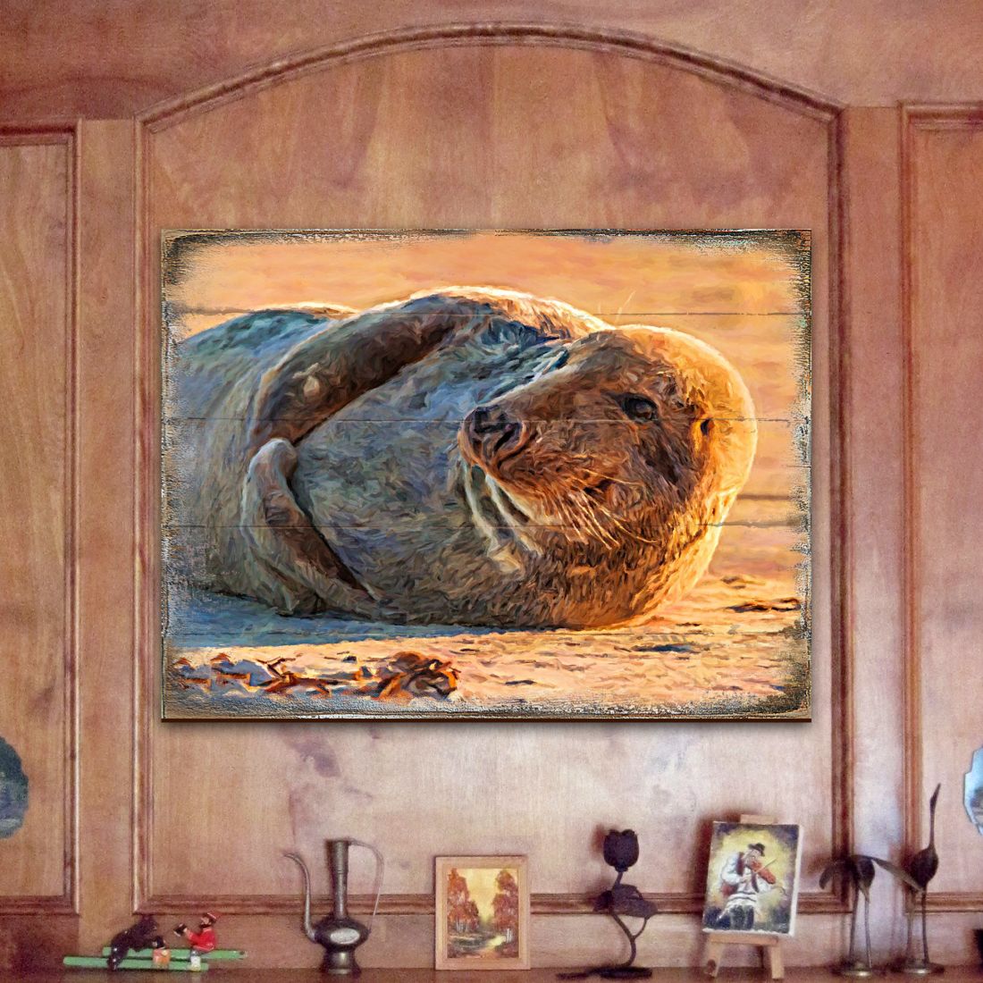 Arte mural costero de madera con foca de Speier de Nature Wonders - Decoración costera con vida marina - 95260B